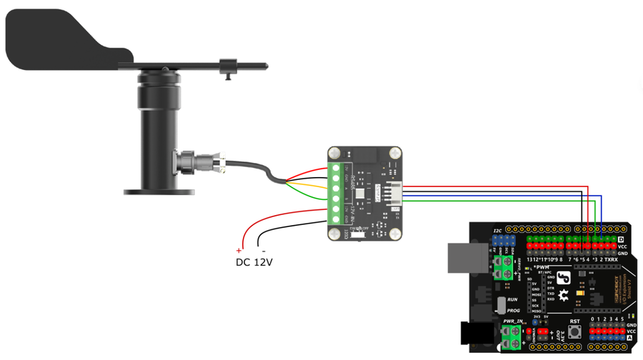 Connection Diagram of RS485 Wind Direction Sensor, RS485 to UART Signal Adapter Module and Arduino Uno